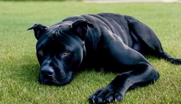 Black panther pit bull lying on the grass