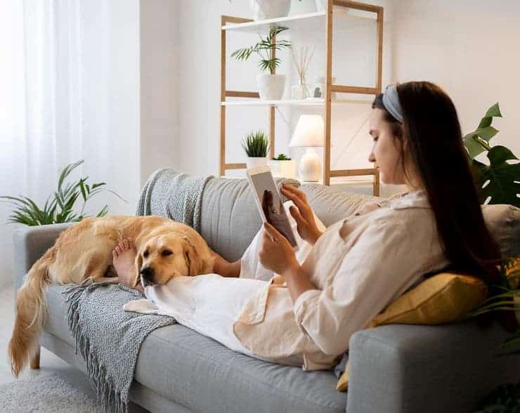 woman and her labrador on a sofa