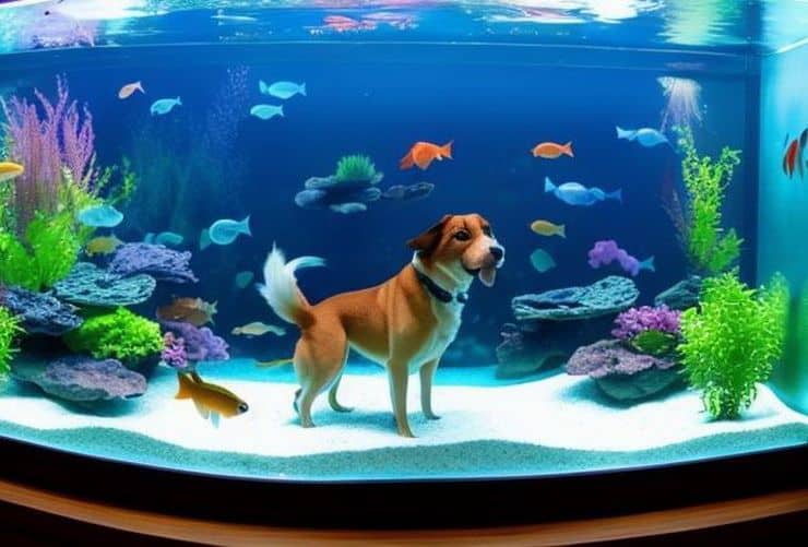 dog in the aquarium with the fish harmony