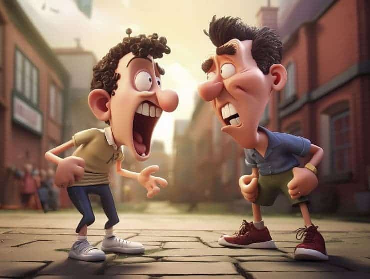 two neighbors are quarreling in the street cartoon